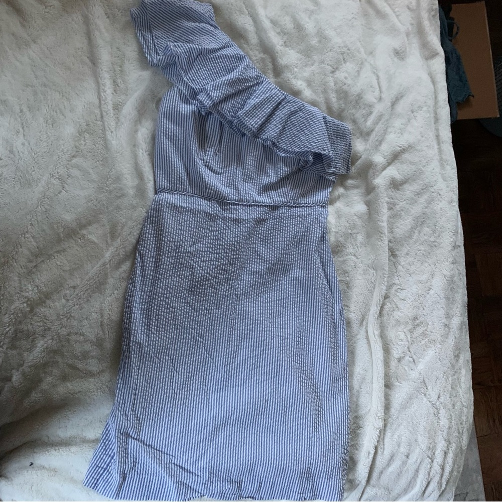 J Crew seersucker one shoulder dress with ruffle